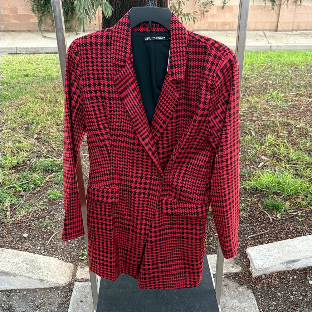 Zara Red and Black Checkered Blazer/Romper